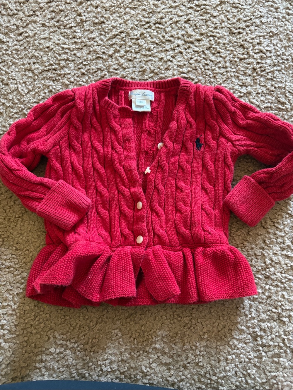 B62 Polo Ralph Lauren Girls Pink Cable Knit Cardigan Sweater 100% Cotton